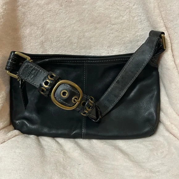 Coach Midnight Black Leather Shoulder Bag with Boho Brass Buckle - Picture 4 of 6